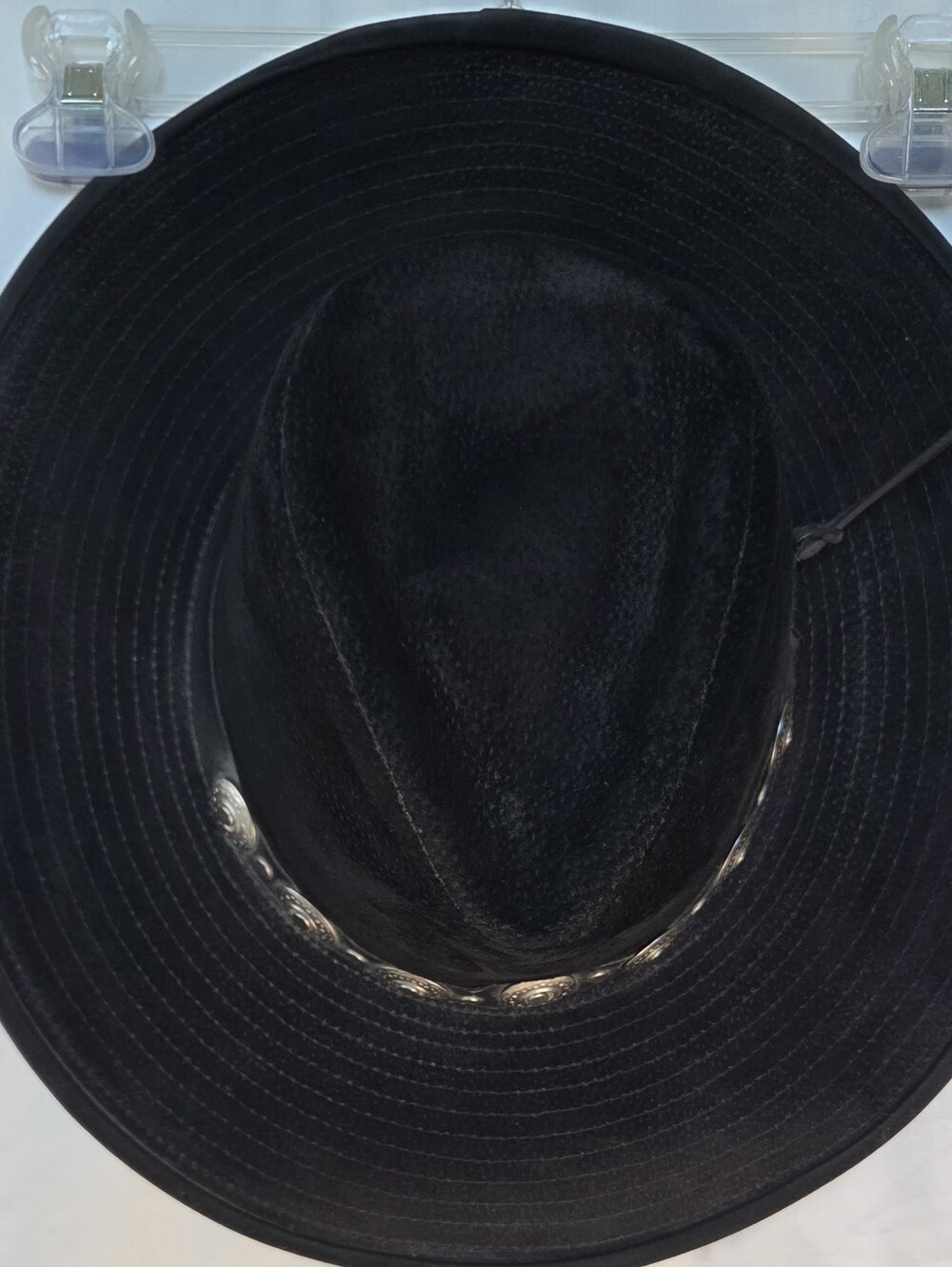 Vtg Wilsons Black Leather Western Style Cowboy Hat Concho Band Wire Rim Sz M